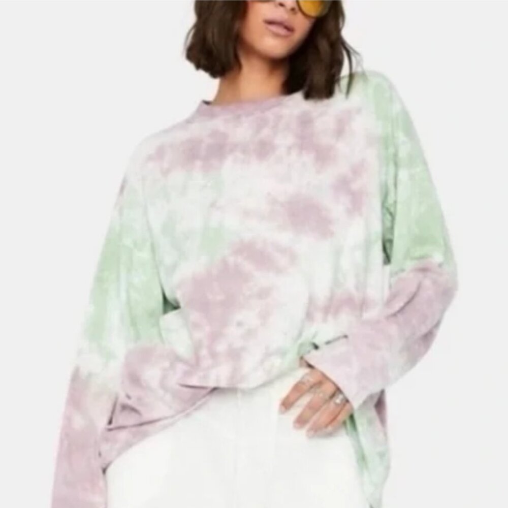 We The Free People Be Free Tie Dye Tee Green Purple Long Sleeve Top Boho M - Picture 2 of 12